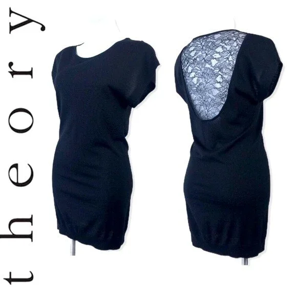 Theory Kobe Nouvella Black Lace Back Knit Wool Sweater Mini Dress Tunic S Goth - Picture 5 of 16